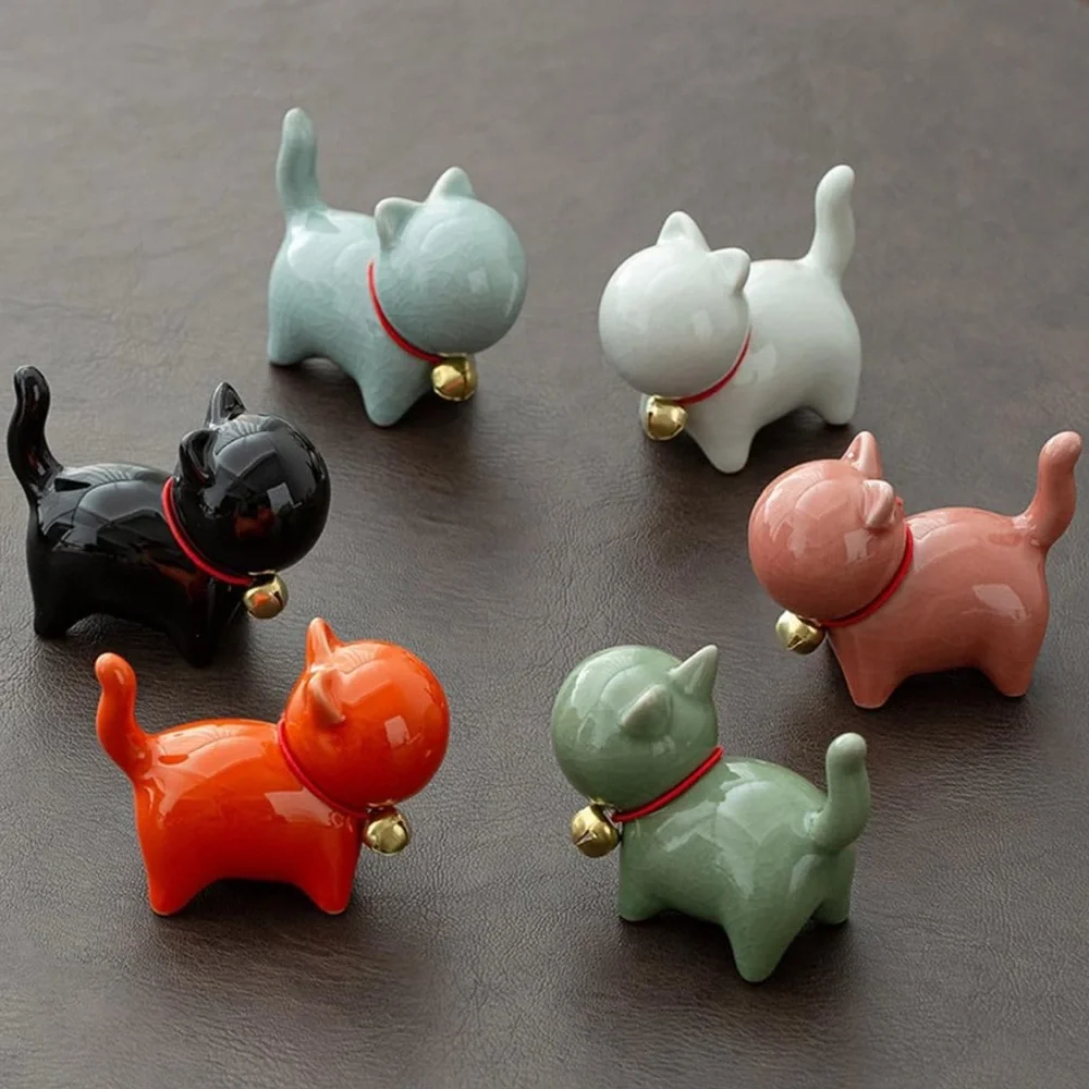 Black Ceramic Cat Figurine with Bell